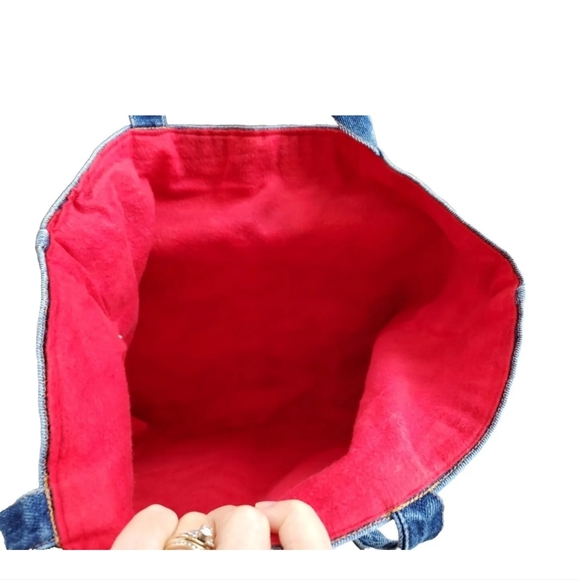Handmade Denim Tote Bag With Red Flannel Lining And Three Applique' Cats - Picture 3 of 9